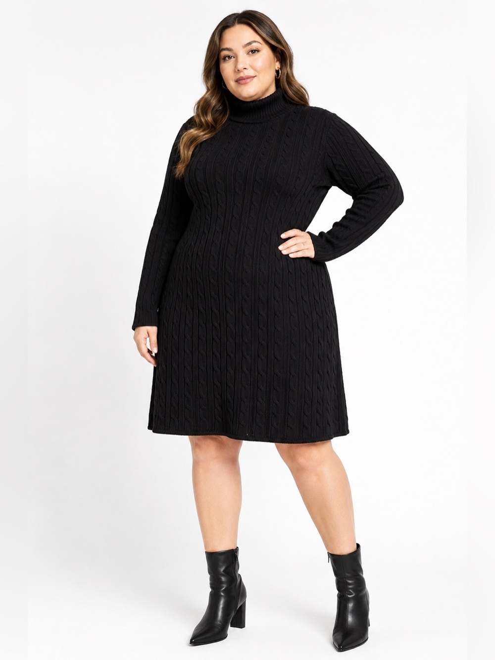 90s Vintage Moda Intl Cable Knit Turtleneck Dress (Black) Size XL